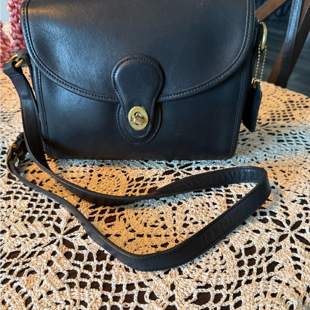 Coach Devon Black Leather Crossbody Bag with Gold Accents